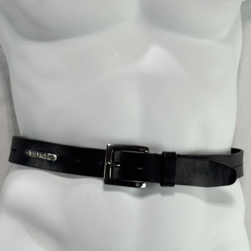 TOMMY HILFIGER Men's Black Leather Belt Silver-tone Buckle Adjustable Size 40